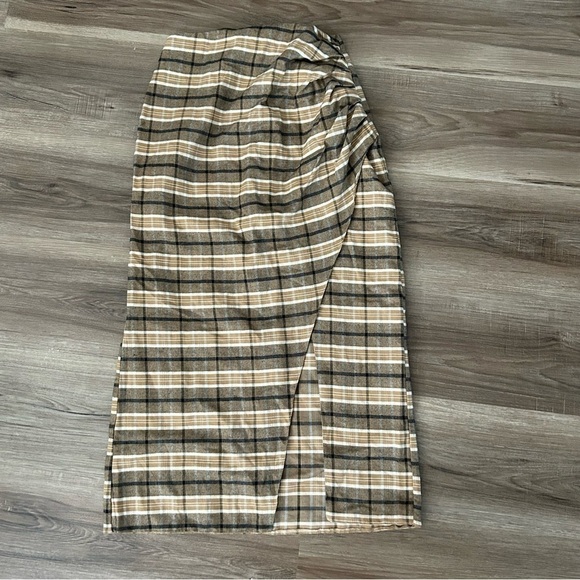 ASOS Dresses & Skirts - ASOS Tan Plaid Midi Maxi Faux Wrap Skirt Women Size 2